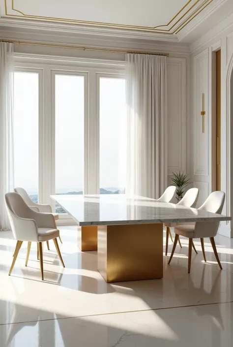 Architectural professional 3D rendering of a dining table made of marble in  Italian gold color and very expensive and boxing and modern and luxurious chairs in white silk and a high quality white stone floor and modern and luxurious windows with beautiful...