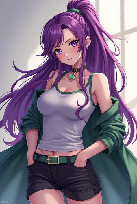 martina,purple eyes,  purple hair ,  Very long hair,  ponytail, hair scrunchie, green choker , O-ring top,  tank top ,  sleeveless , Taillencape, black shorts, Green Belt, stiefel,fcPortrait  big DD cups 