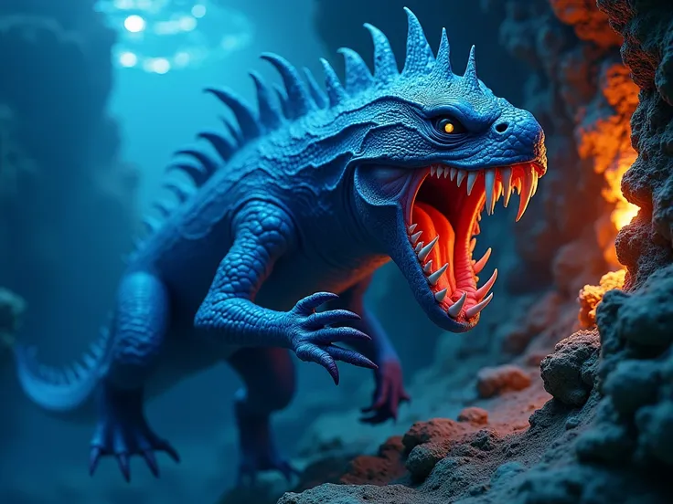 Sea Creature roaring, 1st is a normal variation, blue hue, 2nd variation is a wall with purple’ish glow and more details, 3rd variations has much more detailed walls and glows orange/ gold, slightly tilted camera