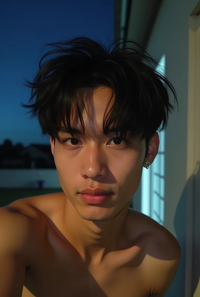  Create an image of a Korean man with prickly black hair ,  eyebrow piercing and short silver ear reamers .  Taking a shirtless selfie on the porch of his house , in the middle of the night. real life style .