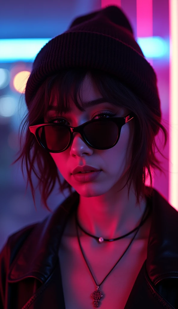 score_9, score_8_up, score_7_up, face close up, alternative girl, watching over black sunglasses, jacket, necklace, neon light reflections on skin, ear ring, makeup, skin imperfection, short hair, beanie, neon lights background, low light, depth of field, ...