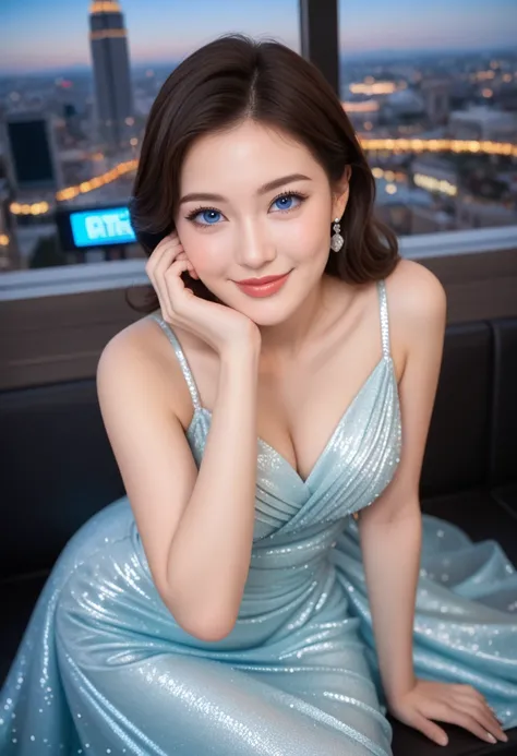 (( best quality, 8k, masterpiece :1.3)),  smiles ,  full body, face slimming , pretty girl, ( Dark Brown Hair ), Blurred movie background like Full Length Dress  :1.1, Ultra-precision face,  delicate eyes ,  double eyelids,  blurry background, face slimmin...