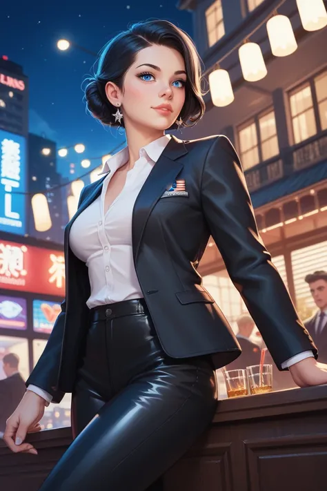 at night, some buildings in the united states, bars, purple phosphorescent lights, and a single woman with black hair and blue eyes, small nose,Super pretty with a black leather suit and two katanas on her back, head on, handling it perfectly, brillitos
