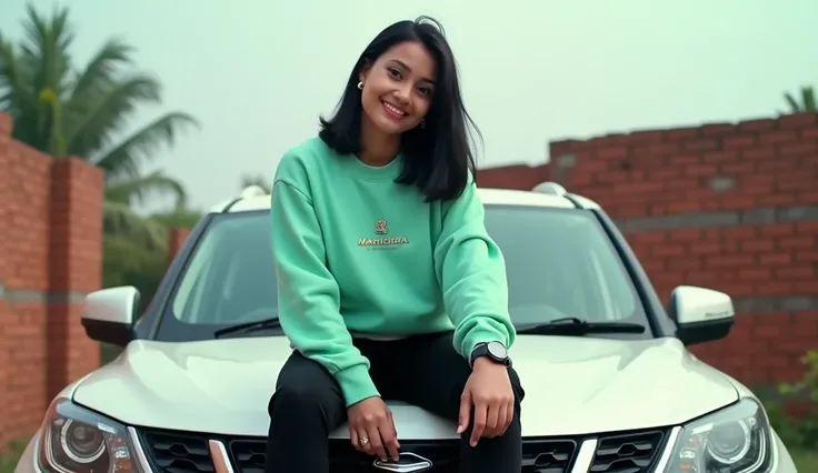 "A hyper-realistic image of a young woman sitting confidently on the hood of a Mahindra SUV. She has shoulder-length, straight black hair and is smiling warmly. She is dressed in a mint green sweatshirt with a minimalist logo, paired with black trousers. T...