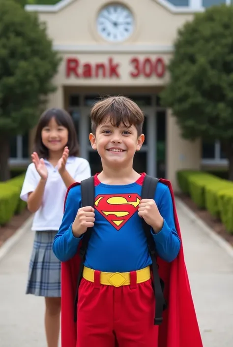 shows a young boy Superman, standing in front of a school building with a sign that reads "Rank 300". He is wearing his iconic red and blue suit with the Superman logo on his chest and a backpack on his back. He has a big smile on his face and is looking d...