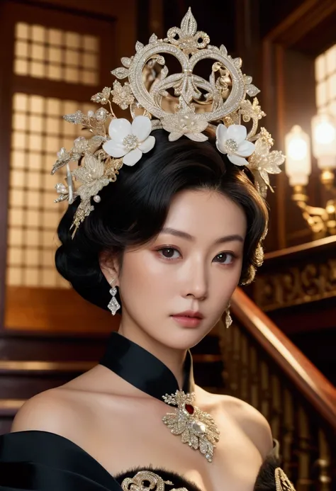 Ultra tight close-up of Keikos face in extreme detail --face and upper chest filling 85% of frame --wearing a timeless black silk evening gown with a delicate floral brooch --shot from slightly below to create a dramatic angle --perfect idol features captu...