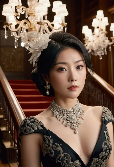 Ultra tight close-up of Keikos face in extreme detail --face and upper chest filling 85% of frame --wearing a timeless black silk evening gown with a delicate floral brooch --shot from slightly below to create a dramatic angle --perfect idol features captu...