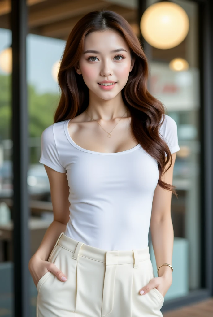  Thai girl with long natural brown hair.,  black eyes , Symmetrical shape ,  Medium chest,  White skin, Smiling, seeing white teeth,  Wearing a round neck T-shirt with white short sleeves, Cream Long Legged Kagoo Pants , Random pose , Standing pose,  weari...