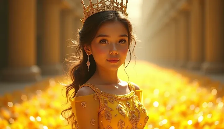 Girl in hot yellow diamond dress and a crown