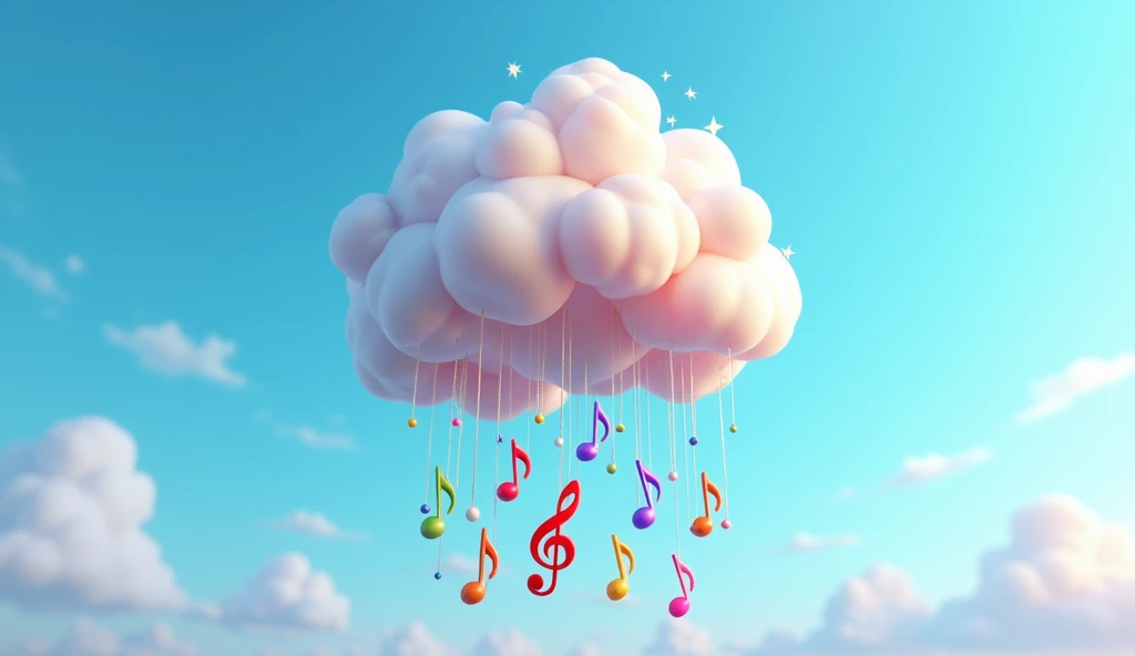 Create a 3D Pixar style logo. The logo should feature vibrant, cheerful musical notes raining down from a cloud. Every note should be colorful and have a cheerful, animated quality with a touch of sparkle, perfect for a fun, s-oriented music channel.