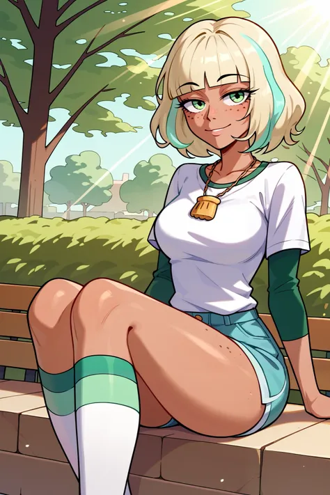 ((jackie lynn thomas)), ((masterpiece)), ((cartoon style)), {(attractive figure), (eccentuated curves), (tan skin), (body freckles), (short bleach-blonde hair), (green eyes), (half lidded eyes), (long eyelashes), (cute smile)}, {(white shirt), (long green ...