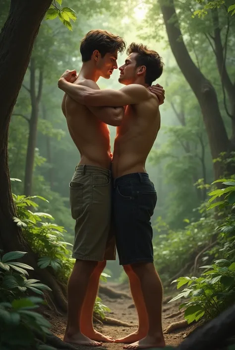 Two young men have sex in the woods 
