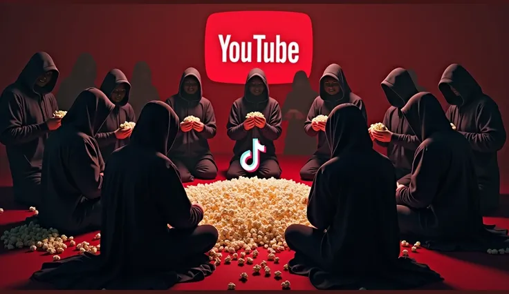 CULT MEMBERS EATING POPCORN LOOKING FUNNY, CIRCLING AROUND YOUTUBE AND TICTOK AND INSTAGRAM ICON, RED BLACK COLOURING, YOUTUBE BANNER 