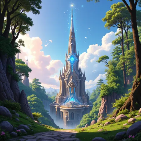 magical fey spire in a forest, clear sky, sunny, vivid colors, magic motes, no water