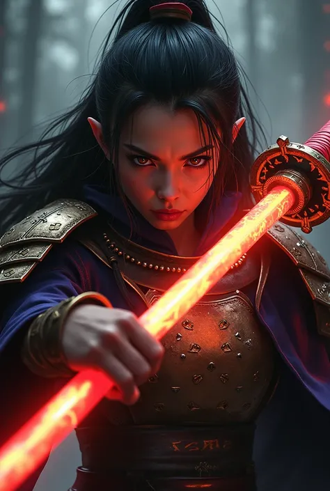 a highly detailed digital painting of an angry samurai knight girl, extremely detailed face and eyes, beautiful long hair, holding an ornate glowing katana sword, hyper realistic, cinematic lighting, dark moody atmosphere, dramatic composition, vibrant col...