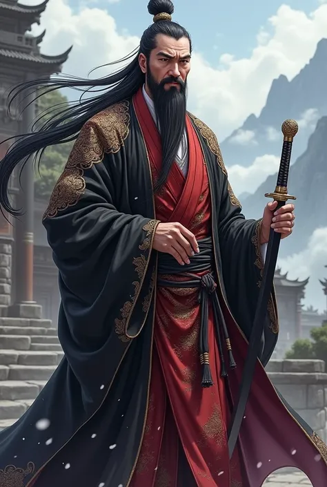 an ancient Chinese man wearing black and red ancient Chinese clothes, long hair tied in a black tie and carrying a sword.anime