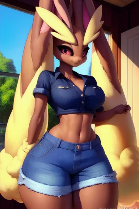 uploaded on e621, explicit content, 3d:0.7, cutesexyrobutts, hioshiru, female, solo, lopunny, short round fluffy tail, bedroom setting, (fitted denim crop button-up with rolled sleeves, Jean shorts), (large breasts, natural breasts, breast sag:0.8), thick ...