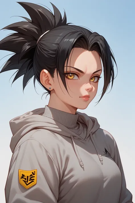 Create a Saiyan girl with yellow eyes and black anime-style hair and with a gray sweatshirt on this time try not to copy Gokus hairstyle 