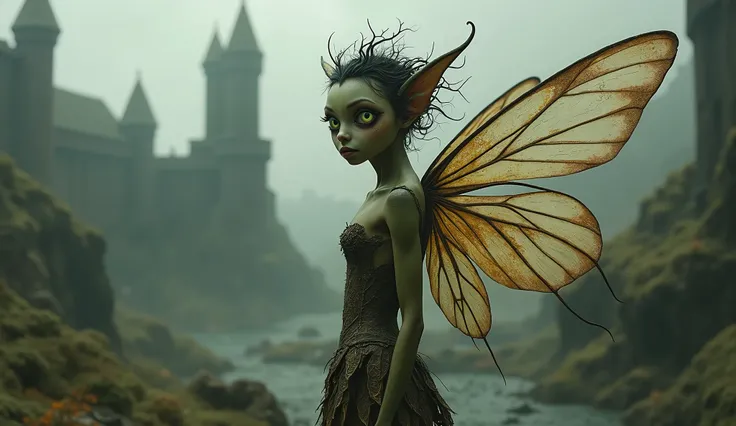 full-body-shot,tum burton fairytale, fairy from britain,who cant fly, back view,full body length,evil halghost Hobgoblin,Realism,Ultra Detailed,irina yermolova, close full body shot,full body length,graphite goblin ,full body shot,ominous landscape, Simon ...