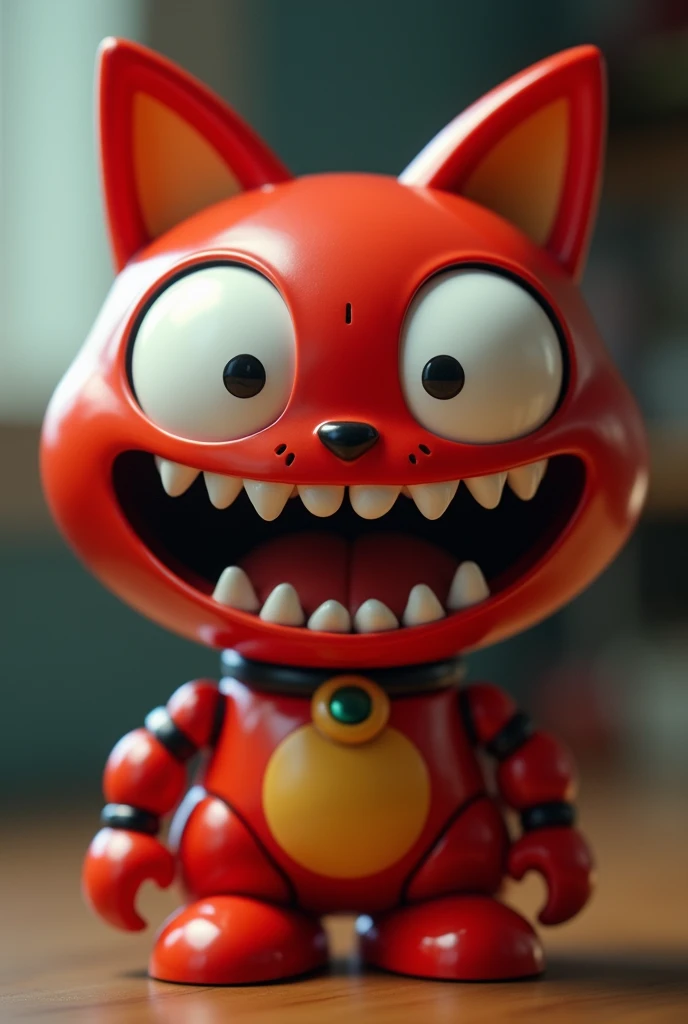 "A close-up view of a DORAEMon 
 red robotic cat character with a wide, exaggerated grin and large, expressive eyes. The background is slightly blurred, and the characters playful yet unsettling expression dominates the frame. The scene has a lighthearted ...