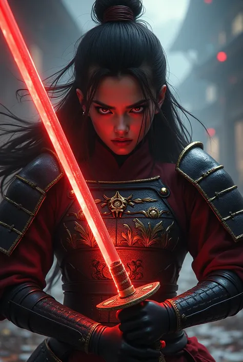 a highly detailed digital painting of an angry samurai knight girl, extremely detailed face and eyes, beautiful long hair, holding an ornate glowing katana sword, hyper realistic, cinematic lighting, dark moody atmosphere, dramatic composition, vibrant col...