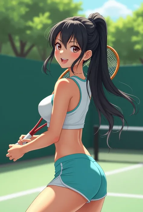 A beautiful 19-year-old Japanese girl with a curvy figure, including a full bust and rounded hips, playing tennis outdoors. She is wearing a sporty outfit featuring a fitted crop top and short, tight athletic shorts, accentuating her figure. The tennis cou...