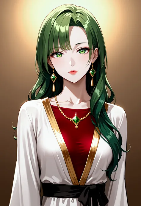 masterpiece, best quality, highres, absurdres, source_anime, colourful, 1girl, solo, woman, beautiful, refined, womanly, mature, straight hair, green hair, long hair, symmetrical hair, smooth hair, clean hair, straight bangs, sassy expression, emerald eyes...