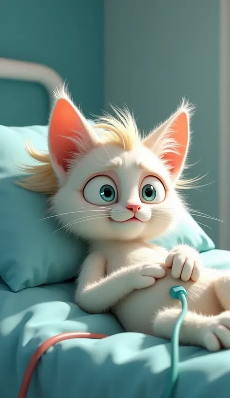 Animated humanoid-looking cat , white color,  long blonde hair , large eyes,  Pixar style,  is lying on a hospital bed, Is , with a face of pain ,  needles and probes in his arm,  high resolution , escena  Pixar style