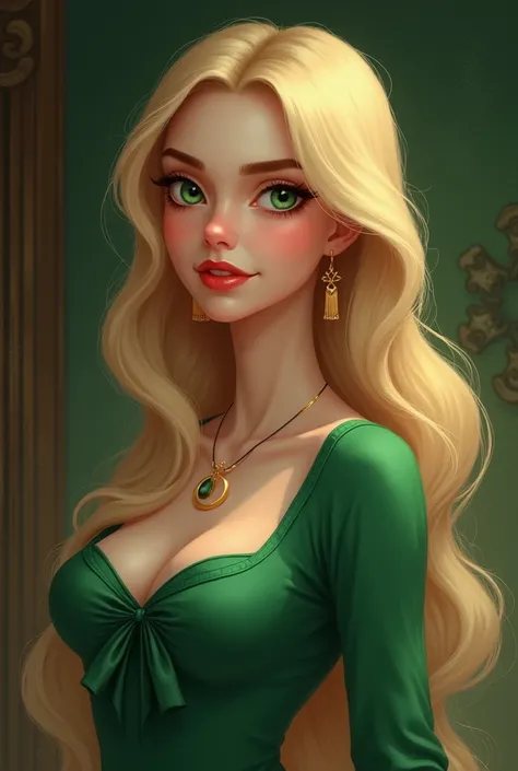 Mabel Lovigary was a captivating jade beauty, standing about 57" tall with a slim and graceful figure. Her long blond hair cascaded down her back in soft waves, her red lips formed a perfect bow, and her emerald green eyes sparkled with intelligence and ki...