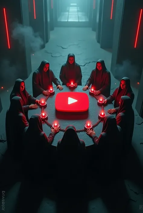 a satanic cult, but instead of satan they worship youtube icon, red black room, creative detailed, youtube banner