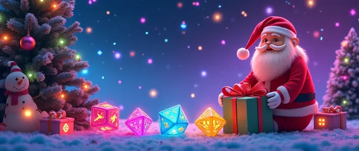 "Design a vibrant and festive promotional banner for a SANTAS GIFT BOX event, emphasizing a Secret Santa theme. Include colorful polyhedral dice (D20 style) in neon colors (yellow, blue, pink, green, orange) floating around gift boxes. The background shoul...