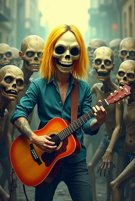  A man playing guitar in the style of al,  shoulder-length hair yellow ,  skull-shaped face , Cartoon image , portrait, next to him zombies , full body