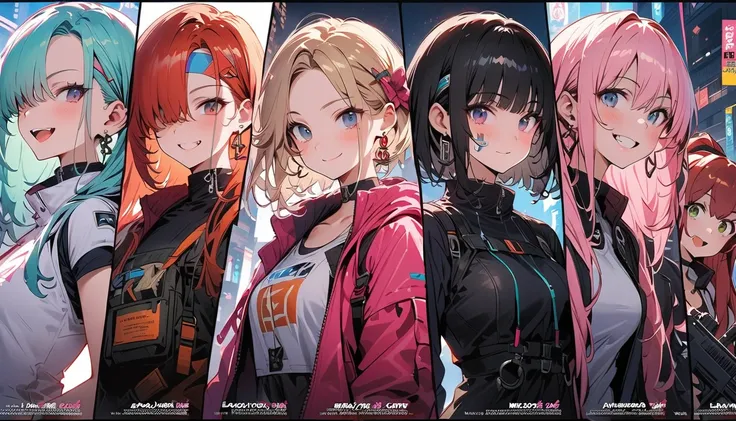 (The screen is divided into 6 parts,Created on page 6,game),( beautiful girl : 1.3),6 girls,(protective clothing,headband, earrings for women with first name, Assault Rifle),Blonde, black hair,Brown Hair, Silver Hair, red hair,Blue Hair,Green Hair,Pink hai...