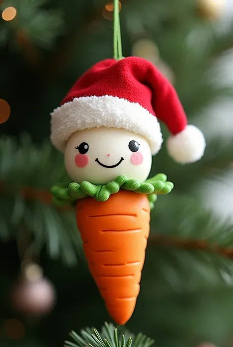 Create a Christmas Tree Decoration, warm,cute Christmas decoration in the form of santa hat, face is like a white radish, green vegetable  hair, red color change to color of carrot, Daikon and carrots performing together, The spirit of compromise will buil...