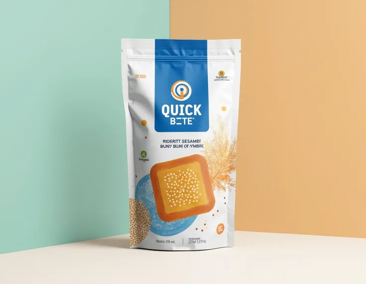 Design a modern vertical pouch pack with both-side sealing for a sesame square bun from the brand Quick Bite. The pouch is tailored for retail displays and features a practical hanging mechanism to appeal to busy young adults on the go. The Quick Bite logo...