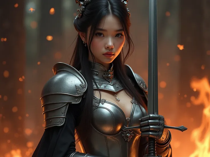  high resolution.  accurate hands .  realistic face . Navel piercing, sexy silver, European armor .  thigh band stockings .  deep black panties . , black chalk, long sword, holding it from head to head .  burning background . Arrogant expression .  beautif...