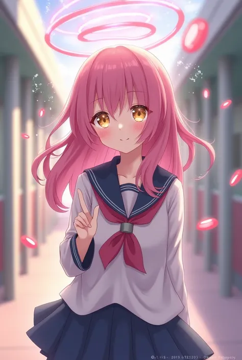 Lolianime girl in school uniform, pink hair, clear yellow eyes, with pink rings floating above her head