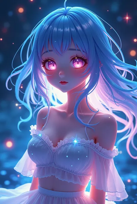 cute anime girl, 1girl, glowing in the dark, neon colors, vibrant, surreal, ethereal, soft lighting, bioluminescent, dynamic pose, flowing hair, colorful iridescent skin, sparkling eyes, radiant expression, dreamlike, fantasy, digital art, cinematic lighti...