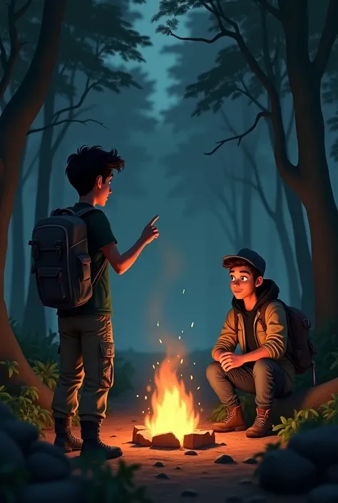 A dark forest illuminated by the flickering light of a campfire. Raj (Mid 20s, athletic build, dark green t-shirt, cargo pants, and a backpack) stands, pointing toward the trees with wide eyes. Sameer (Late 20s, lean build, light brown jacket, boots, and a...