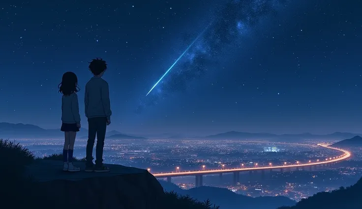 Under the Stars, a boy and a girl ,  Two people standing on the edge of a cliff ，Concept Design，look up，dusk， A distant view of the city and highway in the middle of the image， close-up of the protagonist standing with his back to the camera， All elements ...