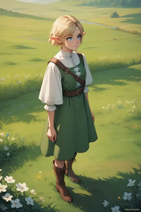 a elf woman. wearing green robes, a white tunic, boots, and brown pants. shoulder length blonde hair. blue eyes. short point ears.  standing in open grassy field with clear blue skies. anatomically correct. perfect eyes.