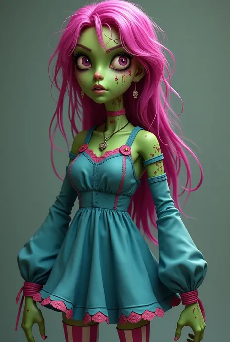 Green zombie girl with a missing left eye, long messy magenta hair with magenta eyes and a short blue dress with straps on shoulders and long blue sleeves with pink accents and pink choker and a missing arm with Pink and blue striped stockings realistic st...