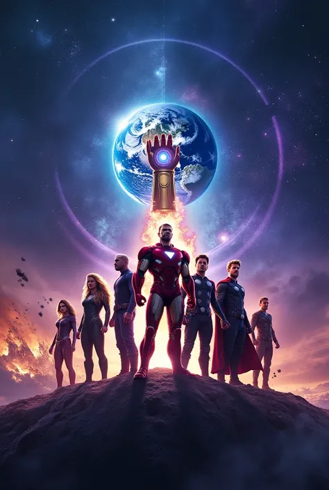 An epic poster featuring the Avengers team standing together against a cosmic background, with Iron Man, Captain America, and Thor in the forefront. The scene is filled with glowing energy, the Infinity Gauntlet in the distance, and the destruction of Eart...