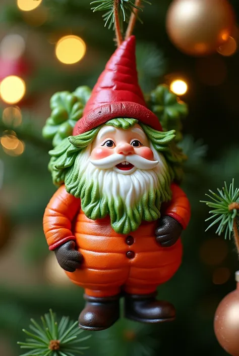 Create a Christmas Tree Decoration, Photograph of a festive, warm,cute Christmas decoration in the form of santa hat, face is like a white radish, green vegetable  hair, red color change to color of carrot, Daikon and carrots performing together, The spiri...