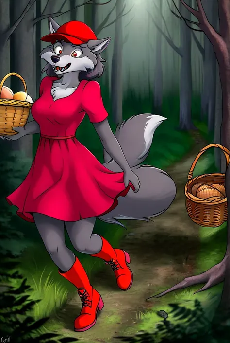 the girl with the red hat and the red dress is short ,  and red boots with a basket got scared walking in the forest and saw a gray big wolf  