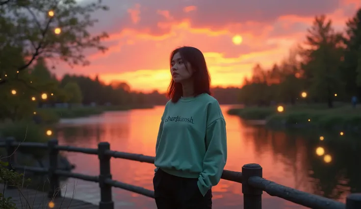 A hyper-realistic image of a young woman standing on a picturesque wooden bridge overlooking a tranquil lake during a magical sunset. The sky is ablaze with hues of orange, pink, and purple, creating a dreamy, romantic atmosphere. She has shoulder-length, ...