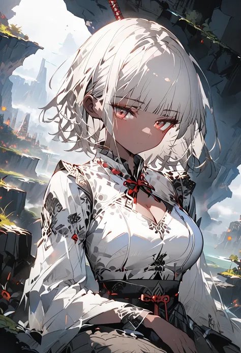 (a girl),(solo girl),silver hair,short hair ,((blunt bangs)), detailed eyes, red eyes,((half-closed eyes)),((jitome)) ,sparkling eyes, expressionless ,dark skin,loli face,a slender body,a woman with a big bust, big breast,silver bolero blouse , cleavage cu...