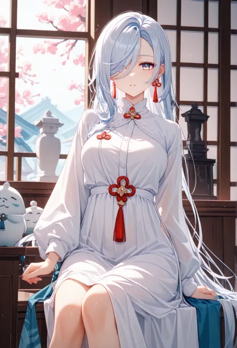 this is a statue of a woman in a white dress looking out, 1girl, solo, shenhe (genshin impact), tassel earrings, tassel, long hair, jewelry, white hair, sitting, dress, hair over one eye, long sleeves, earrings,round shape window,japanese room,