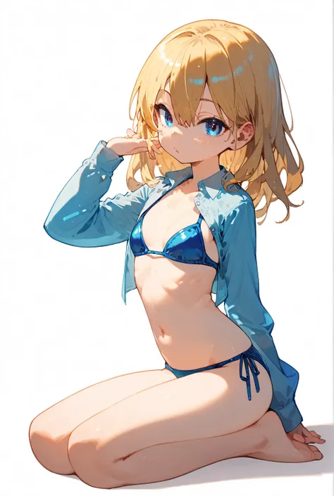  top quality ,   Ultra High Resolution, One petite, skinny girl , button shirt and metallic blue bikini, School, Blondeボブヘア, blue eyes, chest, (Blonde:1.2),  viewers,  full body view, bangs between eyes, 