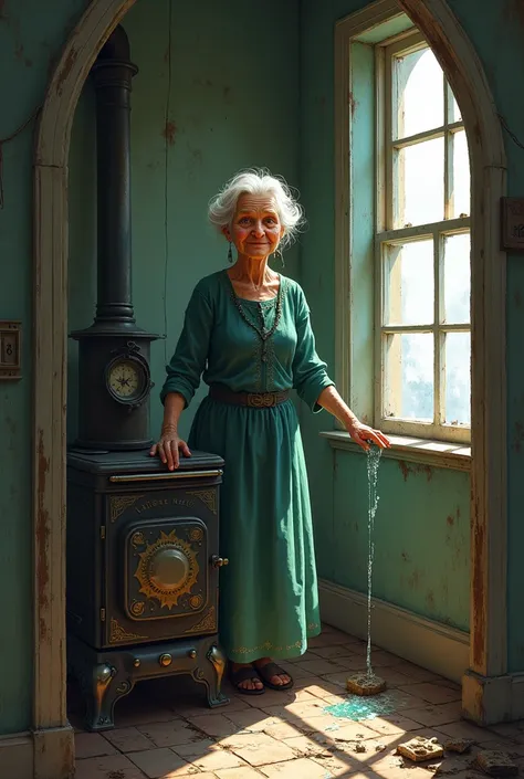  Illustration for a fairy tale about grandma, standing in an abandoned house ,  who can flood the stove 